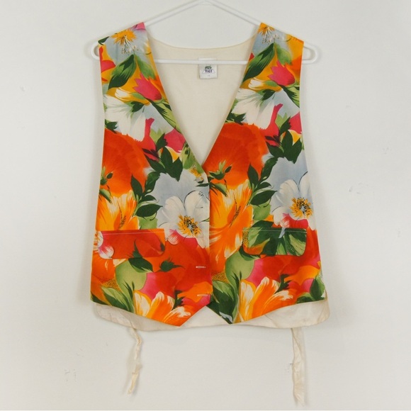 Vintage Jackets & Blazers - Vintage 90s Floral  Flower Green Orange Silk Vest